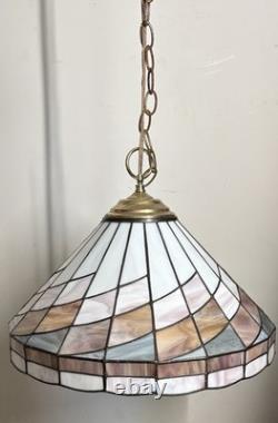 Tiffany-Style Arts Crafts Leaded 17 Stained Slag Glass Hanging Light-Vtg 1970s