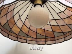 Tiffany-Style Arts Crafts Leaded 17 Stained Slag Glass Hanging Light-Vtg 1970s