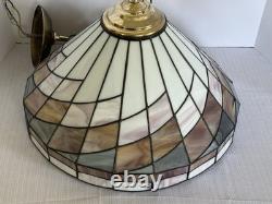 Tiffany-Style Arts Crafts Leaded 17 Stained Slag Glass Hanging Light-Vtg 1970s