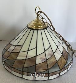 Tiffany-Style Arts Crafts Leaded 17 Stained Slag Glass Hanging Light-Vtg 1970s
