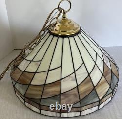 Tiffany-Style Arts Crafts Leaded 17 Stained Slag Glass Hanging Light-Vtg 1970s