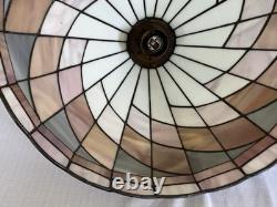 Tiffany-Style Arts Crafts Leaded 17 Stained Slag Glass Hanging Light-Vtg 1970s