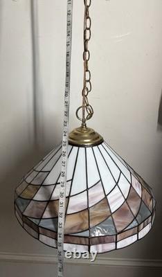 Tiffany-Style Arts Crafts Leaded 17 Stained Slag Glass Hanging Light-Vtg 1970s