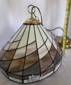 Tiffany-Style Arts Crafts Leaded 17 Stained Slag Glass Hanging Light-Vtg 1970s