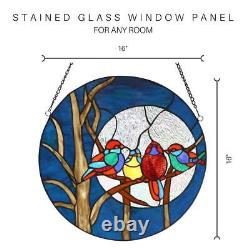 Tiffany Style Birds in the Moonlight Round Window Panel Stained-Glass Suncatcher