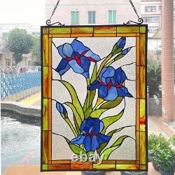 Tiffany-Style Blue Floral Flower Design Stained Glass Hanging Window Panel