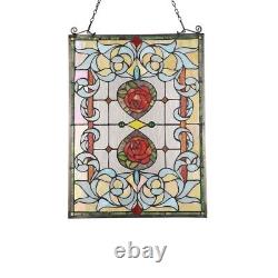 Tiffany Style Floral Stained Glass Window Panel Victorian 24.4 Handcrafted PAIR