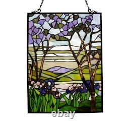 Tiffany Style Floral Tree Design Stained Glass Hanging Window Panel 25H