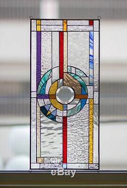 Tiffany Style Frank Lloyd Wright Insprd Stained Glass Window Panel 24 x 11