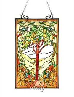 Tiffany Style Fruit Tree Design Stained Glass Hanging Window Panel 32H