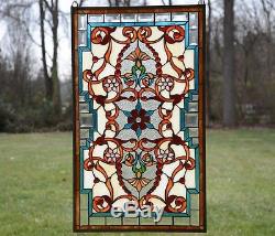 Tiffany Style Jeweled Beveled stained glass window panel. 20.5W x 34.75H
