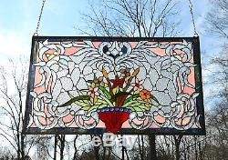 Tiffany Style Jeweled Beveled stained glass window panel Flower 34.75L x 20.7H