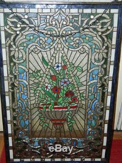 Tiffany Style Leaded Stained Glass Window Panel Hanging Floral Basket 36 x 24