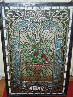 Tiffany Style Leaded Stained Glass Window Panel Hanging Floral Basket 36 x 24