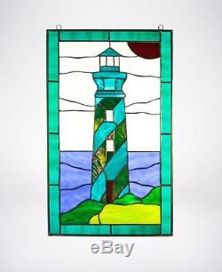 Tiffany Style Leaded Stained Glass Window Panel RV Lighthouse Beach 21x12 INCHES