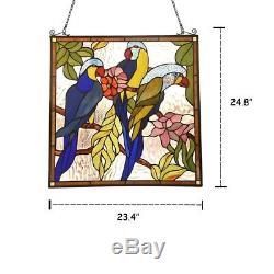 Tiffany Style Parrot Birds Stained Glass Window Panel 24.8 Tall Handcrafted