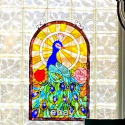 Tiffany Style Peacock Design Stained Glass Window Panel Suncatcher 32inx20in