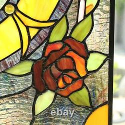 Tiffany-Style Roses & Vines Stained Glass Window Panel 24 Tall x 18 Wide