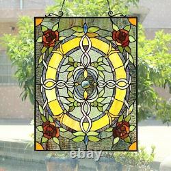 Tiffany-Style Roses & Vines Stained Glass Window Panel 24 Tall x 18 Wide