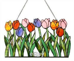 Tiffany Style Stained Cut Glass Window Panel Multi-Color Tulip Floral Design
