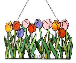 Tiffany Style Stained Cut Glass Window Panel Multi-Color Tulip Floral Design NEW