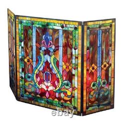 Tiffany Style Stained Glass Fleur de Lis Fireplace Screen, 44W x 28H