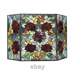 Tiffany Style Stained Glass Floral 3-panel Fireplace Screen 26in H x 40in W