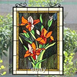 Tiffany Style Stained Glass Floral Lily Flower Window Panel 18 x 25 Suncatcher