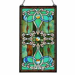 Tiffany Style Stained Glass Green 26 Window Panel Suncatcher 15in X 26in