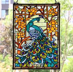 Tiffany Style Stained Glass Hanging Chain Window Panel Peacock 15 x 23