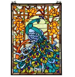 Tiffany Style Stained Glass Hanging Chain Window Panel Peacock 15 x 23