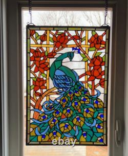 Tiffany Style Stained Glass Hanging Chain Window Panel Peacock 15 x 23