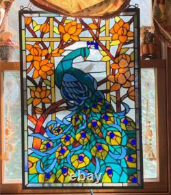Tiffany Style Stained Glass Hanging Chain Window Panel Peacock 15 x 23