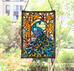 Tiffany Style Stained Glass Hanging Chain Window Panel Peacock 15 x 23