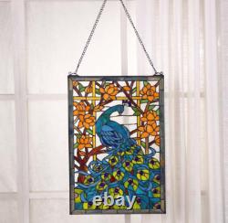 Tiffany Style Stained Glass Hanging Chain Window Panel Peacock 15 x 23