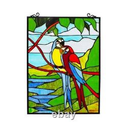 Tiffany Style Stained Glass Hanging Window Panel 25H Pair of Live Birds Parrots