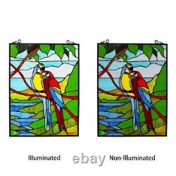 Tiffany Style Stained Glass Hanging Window Panel 25H Pair of Live Birds Parrots