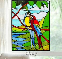Tiffany Style Stained Glass Hanging Window Panel 25H Pair of Live Birds Parrots