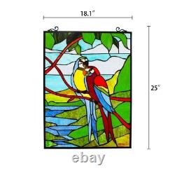 Tiffany Style Stained Glass Hanging Window Panel 25H Pair of Live Birds Parrots