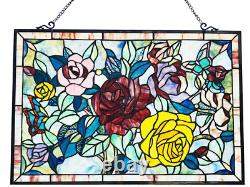 Tiffany Style Stained Glass Hanging Window Panel Rose Flowers Floral Design