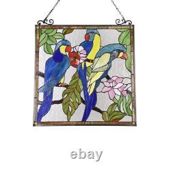 Tiffany Style Stained Glass Hanging Window Panel Three Parrot Bird Design