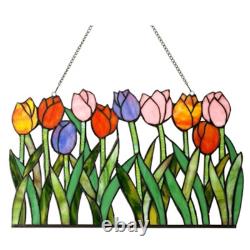 Tiffany Style Stained Glass Hanging Window Panel Tulips Floral Flower Design