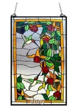 Tiffany Style Stained Glass Hummingbirds Flowers Hanging Window Panel
