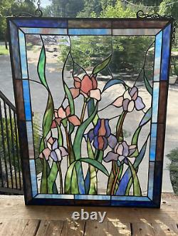 Tiffany Style Stained Glass Iris Window Panel Floral 18x24 Blue Purple