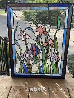 Tiffany Style Stained Glass Iris Window Panel Floral 18x24 Blue Purple