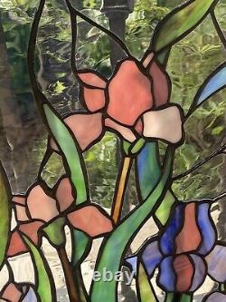 Tiffany Style Stained Glass Iris Window Panel Floral 18x24 Blue Purple