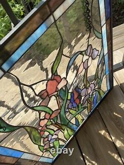 Tiffany Style Stained Glass Iris Window Panel Floral 18x24 Blue Purple