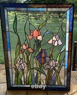 Tiffany Style Stained Glass Iris Window Panel Floral 18x24 Blue Purple