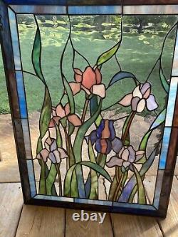 Tiffany Style Stained Glass Iris Window Panel Floral 18x24 Blue Purple