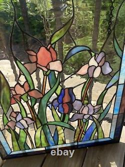 Tiffany Style Stained Glass Iris Window Panel Floral 18x24 Blue Purple